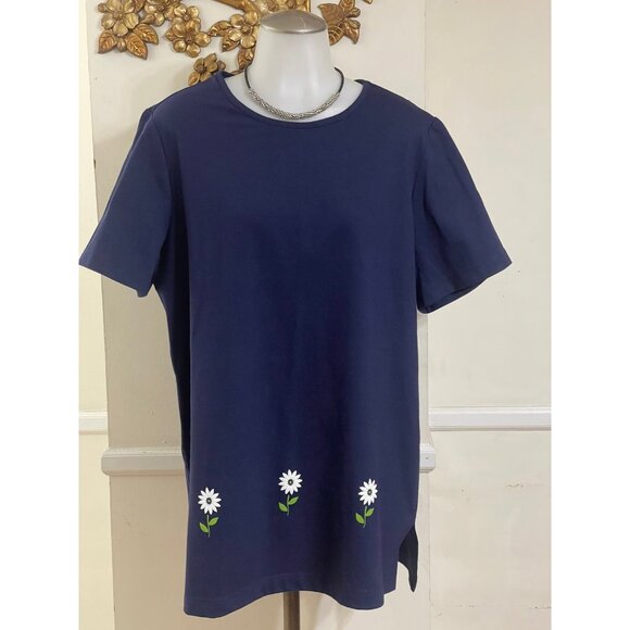 BLAIR.Women short sleeve pullover with embroidered flower‎ navy size LG - Picture 1 of 11